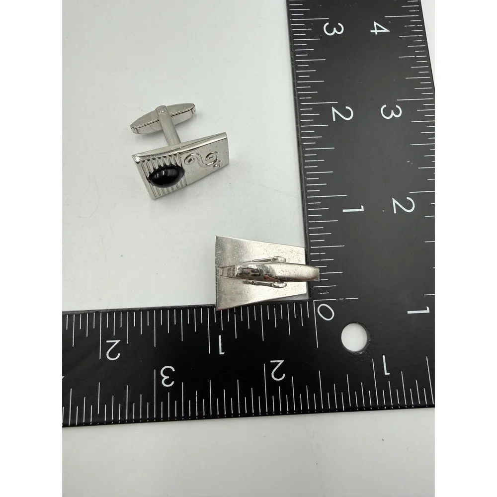 VTG Foster Silver Tone Black Cabochon Scroll Trapezoid Cufflinks Mens Jewelry